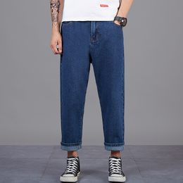 Simple Loose Men's Jeans Big Clothing Casual Nine-point Harlan Pants Size 28-48 For Fat Man Dark Blue Old Daddy Trousers