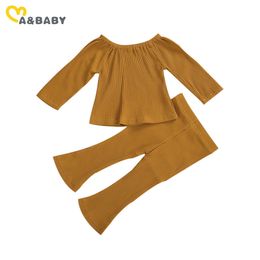 6M-4Y Autumn Infant Baby Kid Girls Clothes Set Knitted Long Sleeve Off Shoulder T shirt Top Pants Outfits 210515