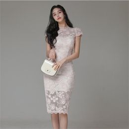 Sexy Lace Hollow Out Stand Collar Tank Sheath Bodycon Pencil Dress Summer OL Fitted Vestido De Festa Female 210603