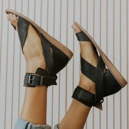 Fashion Women Buckle Strap Beach Sandals Summer Flats Casual Shoes Woman Open Toe PU Flat Sandalias Sell