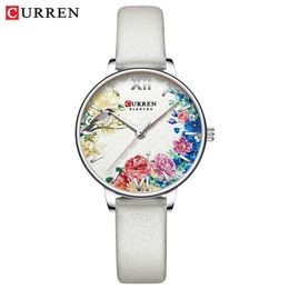 Curren White Leather Watch for Women Watches Fashion Flower Quartz Wristwatch Female Clock Reloj Mujer Charms Ladies Gift Q0524