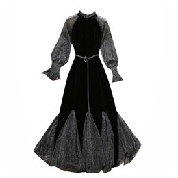 Black Lurex Sash Long Sleeve Midi Puff Stand Collar Patchwork Dress D1400 210514
