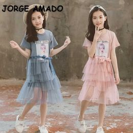 Summer Teenager Girls Dress Portrait T-shirt Princess Dresses with Sashes Casual Style Children Fashion Clothes E1011 210610