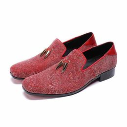 Luxury Men Shoes Italian Model Casual Leather Shoes Men Loafers Flats Red Crystals Wedding Shoes Man