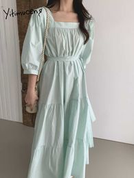 Yitimuceng Cake Dresses for Women Summer Korean Fashion Bandage Long Dress Square Collar White Yellow Green Light Blue 210601