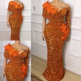 Sexy Orange Mermaid Evening Dresses Sparkly Plus Size Off Shoulder Long Sleeve African Aso Ebi Prom Gowns vistido de festa