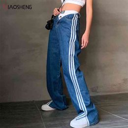 Women's Pants Mom Jeans Woman High Waist Oversize y2k Female Jean Baggy Wide Leg Fashion Striped Straight Trousers 210720