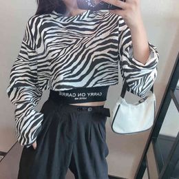 Lucyever High Street Style Zebra Pattern Women Short T-shirt Casual Striped Long Sleeve Shirt Woman Fashion Ladies Tops 210521