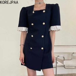 Korejpaa Women Dress Summer Korean Retro Square Collar Double-Breasted Pearl Button Lace Stitching Short-Sleeved Vestidos 210526