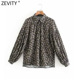 Zevity Women Vintage Flower Print Loose Chiffon Smock Blouse Office Ladies Pleats Lantern Sleeve Shirts Chic Blusas Tops LS7534 210603