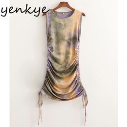 Vintage Tie Dye Print Tank Summer Dress Women O Neck Sleeveless Side Drawstring Sexy Robe 210430