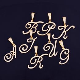 Ciondolo per collane con lettera corsiva in zircone per uomo/donna, gioielli hip-hop di moda color oro con catena da tennis da 4 mm