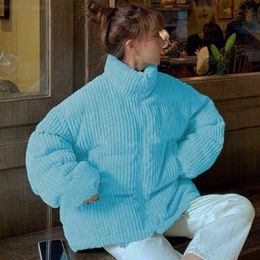 Lucyever Winter Thicken Warm Jacket Women Korean Stand Collar Corduroy Parkas Female Pink Blue Cotton-Padded Short Coats 211130