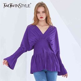 Vintage Pleated Shirt For Women V Neck Long Sleeve Print Hit Colour Blouse Female Fashion Clothing Style 210524