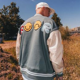 Men's Outerwear American street Colour contrast stitching baseball suit trendy brand smiling face embroidery hip hop rap loose jacket coat men225