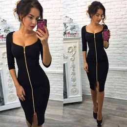 GAOKE Sexy Pencil Tight Dress Women Bodycon Sheath Dress Black Long Sleeve Party Dresses Women Front Full Zipper Dress Hot 210323