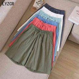 Summer Cotton Line Shorts With High Waist Loose Wide Leg For Women Knee Length Straight Short Female Plus Size 3XL 210724