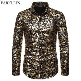 Men's Paisley Gold Shiny Print Dress Shirts Luxury Design Slim Fit Button Down Stylish Shirt Men Wedding Party Banquet Chemise 210522