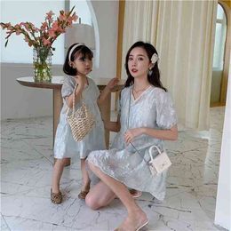 summer pure color parent-child cheongsam two-piece mother-daughter dress set family matching clothes 210702
