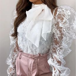 Meihuida Spring Women Office Lady Elegant Turtleneck See-Through Long Puff Sleeve Lace Sheer Mesh Bow Loose Shirt Blouses X0521