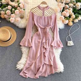 Women Fashion Round Neck Long Flare Sleeve Polka Dot Mesh Stitching Ruffle Fishtail Elegant Dress Vestidos R411 210527