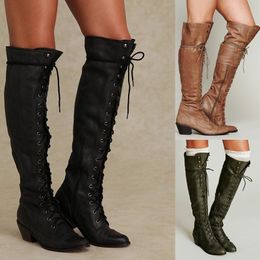 Boots 2021 Leather Women Knee High Square Toe Lace Up Footwear Low Heels Female Riding Boot Woman Long