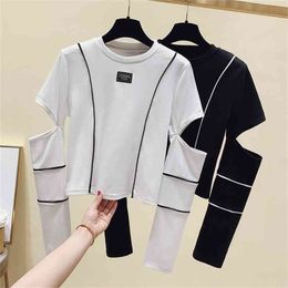 WWENN Woman Clothes Summer Tops Hollow Out T Shirt Women Casual Long Sleeve T-Shirt Korean Slim Basic Cotton Short Tshirt Female 210507