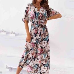 V-neck Bohemian Long beach Dress summer Printed Waist Belted Large Swing Midi for women party A-linemaxi dress 210508