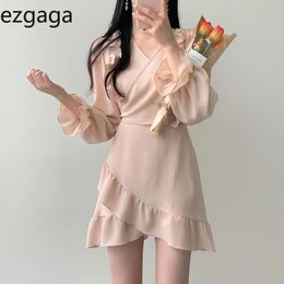 Ezgaga Mini Dresses Women Long Puff Sleeve V-Neck Lace Up Ruffles Solid Party Dress Slim Office Lady Elegant Vestido Feminino 210430