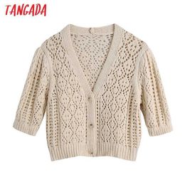 Tangada Women Summer Hollow Out Beige Cropped Knitted Cardigan Vintage V Neck Short Sleeve Female Outerwear Chic Tops BE545 210609