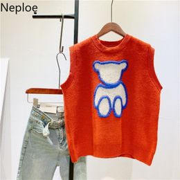 Neploe Fashion Cute Sweaters Vest Women Bear Crochet Flotal Knitted Waistcoat O-neck Sleeveless All-match Tank Tops Female 4H173 210422
