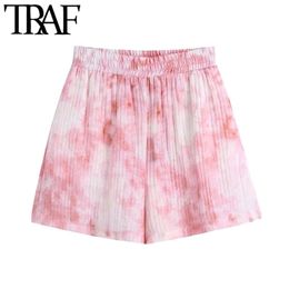 TRAF Women Chic Fashion Side Pockets Tie-dye Print Shorts Vintage High Elastic Waist Female Short Pants Mujer 210724