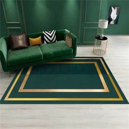 Dark Green Geometric Gold Edge Luxury Carpet Livingroom Anti-slip Mat For Kitchen Floor Long Door Carpet Bed Side Rug Fashion 210317