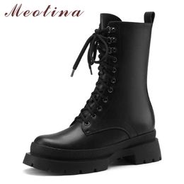 Meotina Motorcycle Boots Woman Real Leather Ankle Boots Platform High Heel Shoes Lace Up Thick Heel Short Boots Ladies Black 43 210608