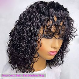 Short Long Wigs With Bangs for Black Wome Full Machine Made Brazilian Pervian Indain Deep Wave Glueless 150% density Kinky Curly Non Lace Front Wig Natural Color
