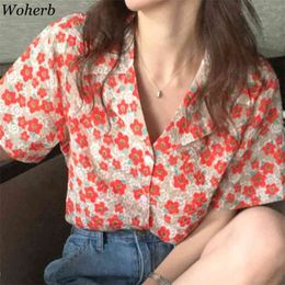 Women Blouse Floral Print Turn Down Collar Loose Shirts Summer Short Sleeve Vintage Korean Blusas Casual Simple Tops 210519