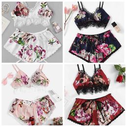 V Neck Sleepwear Summer Women Pyjamas Printed Maternity Intimates Lace Short Pants Lingerie Hollowed Underwear sexy underwears GGA3862