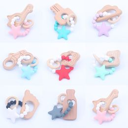 Baby Teethers Rings Wood Teething toy Soothers Toys silicone star toddler Teether M3678