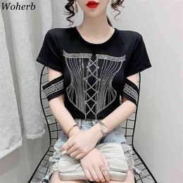 Summer Fashion Clothes Cotton T Shirts Women Sexy Hollow Out O Neck Chic Diamonds Tees Short Sleeve Casual White Tops 210519