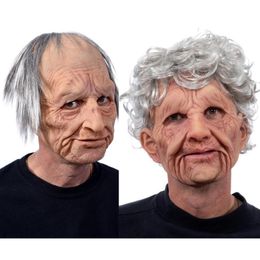 Nonno Nonna Maschera Latex Made Old Man Woman Maschere a pieno facciale rugose Capelli grigio chiaro Costume da festa di Halloween Puntelli COS