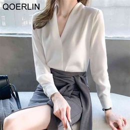 OL V Neck Pullover Blouse Women Long Sleeve Pure White Shirts Plus Elegant Loose Double Button Cuff Mujer 210601