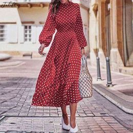 Plus Size 5XL Polka Dot Print Women Dress Autumn Lady Puff Sleeve Hight Waist Big Swing O-neck Red Dress Vestidos Female Clothes 210325