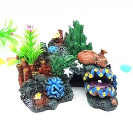 Aquarium Coral Rock Hideouts Resin Mountain Cave Ornaments Fish Tank Decor Y200922