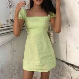 Vintage 90s Aesthetic Elegant Sweet Square Collar Mini Bodycon Casual Y2k Fashion Cute Puff Sleeve A-line Dresses Outfits Green X0521