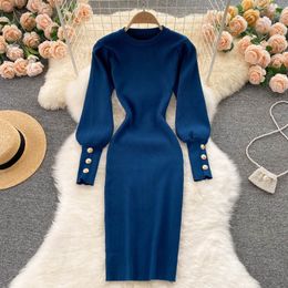 Urban Sexy Dresses New design women's autumn puff long sleeve o-neck knitted solid Colour knee length sweater dress bodycon tunic pencil dress
