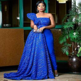 Luxury Royal Blue African Evening Dress With Pant Elegant Dubai Arabic Formal Prom Dresses Train Overskirt One ShoulderVestidos De Fiesta Party Gowns