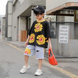 Trend Boys Clothing Summer Outfit Flower print T shirt Hole Denim Shorts Suits For 10 11 12 13 Years Boys T-shirt Shorts Hip hop X0802