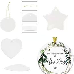 NEW!!! 3-inch Sublimation Blank White Chirstmas Engaged Customised Ornament Round Heart Circle Star Shape Ceramic Xmas Tree Decor Hangtag