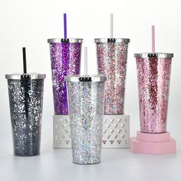 24OZ Glitter Straight Water Cup Double Layer Plastic Fashion Tumbler with Straws Summer Party Adults Drinking Mug sea shipping ZZE5413