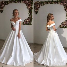 Custom Off Shoulder Short Sleeves Wedding Dresses 2022 Lace-Up Back Sweep Train Satin A Line Wedding Bridal Gowns